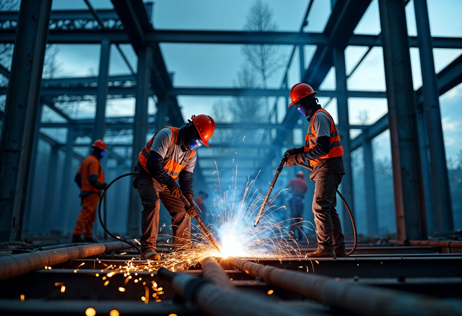 construction workers welding steel beams